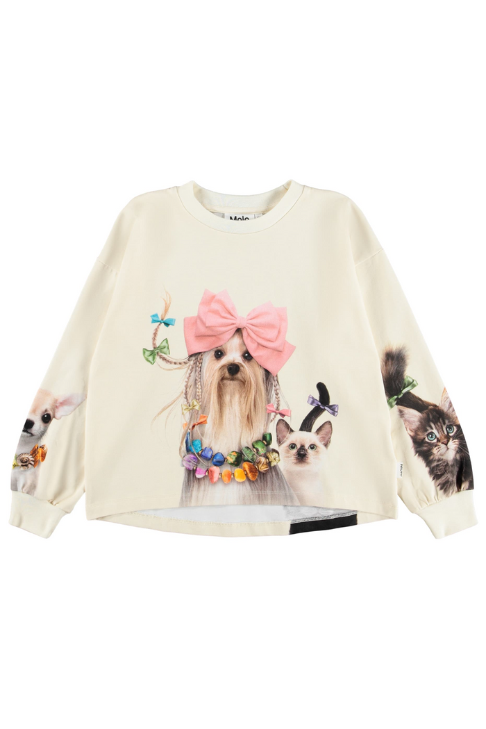 Long sleeve shirt with dog and cat illustrations on a white background