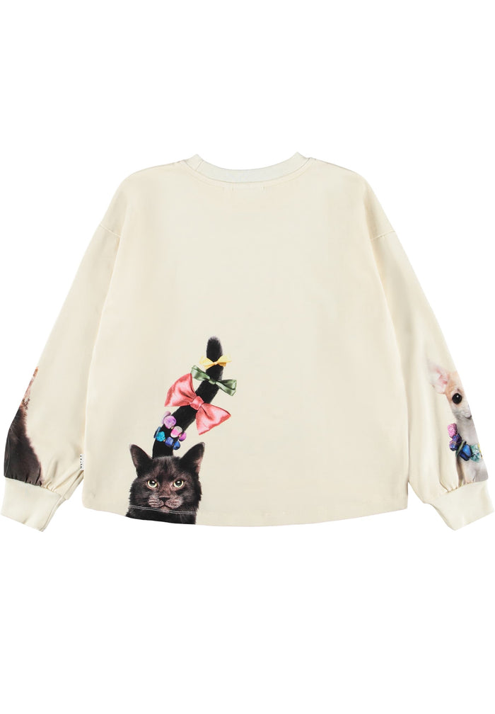 Beige sweatshirt with a cat design and colorful bows on a white background
