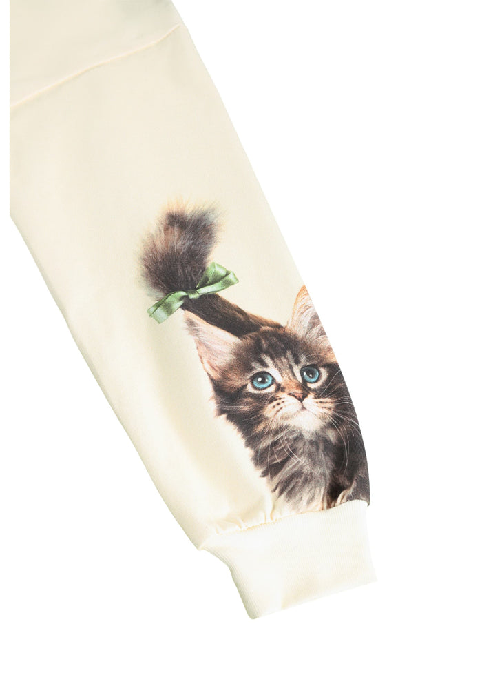 Top with a design of a kitten wearing a bow on a white background