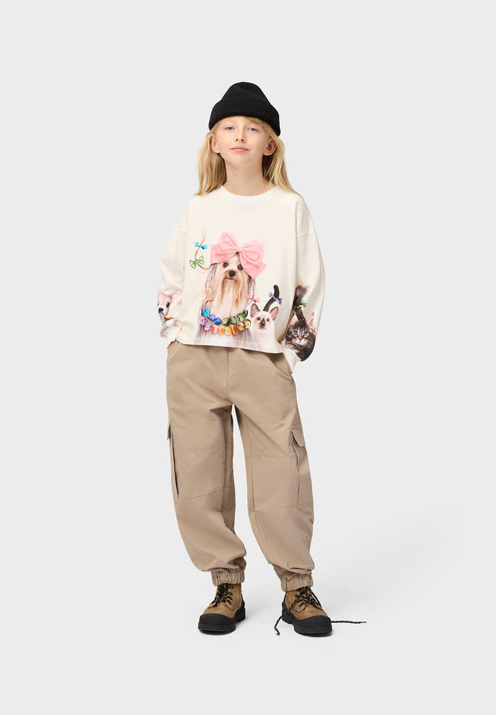 Person wearing a graphic sweatshirt and beige pants on a white background