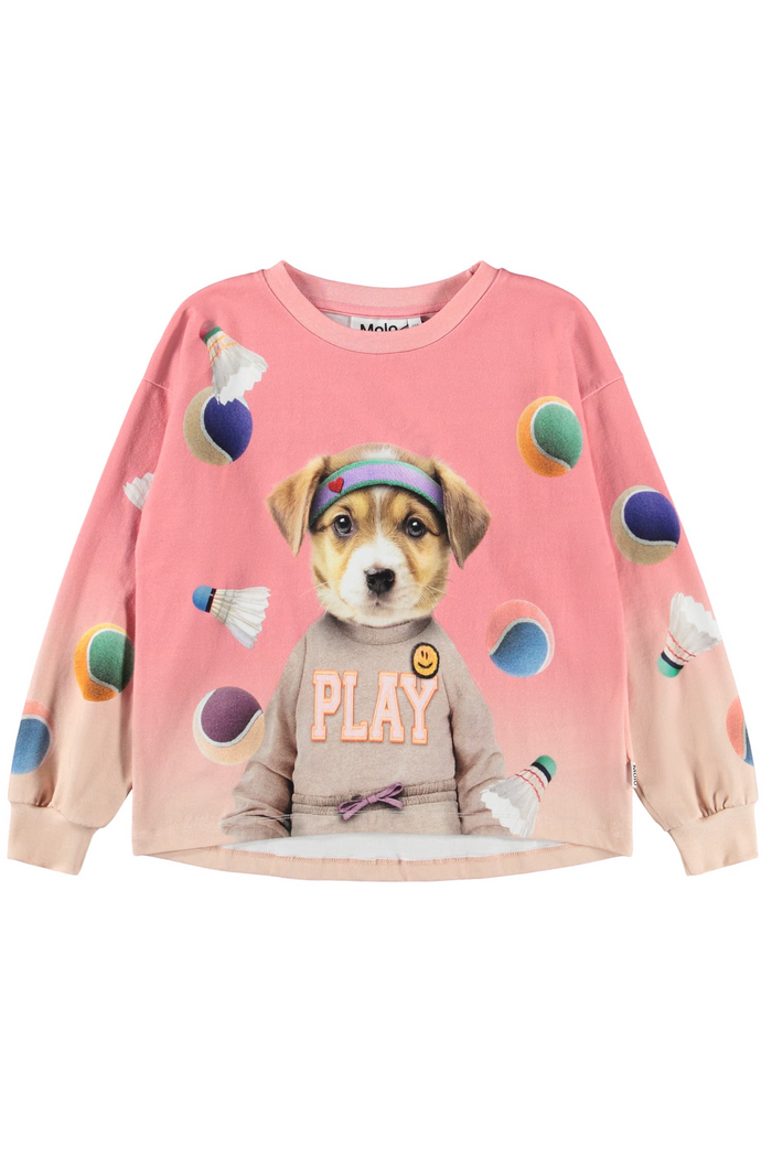 Pink long sleeve tee with a puppy graphic and 'Play' text on a white background