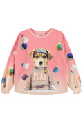 Pink long sleeve tee with a puppy graphic and 'Play' text on a white background
