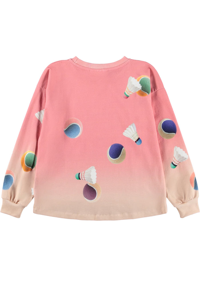 Pink sweatshirt with colorful badminton shuttlecock patterns on a white background