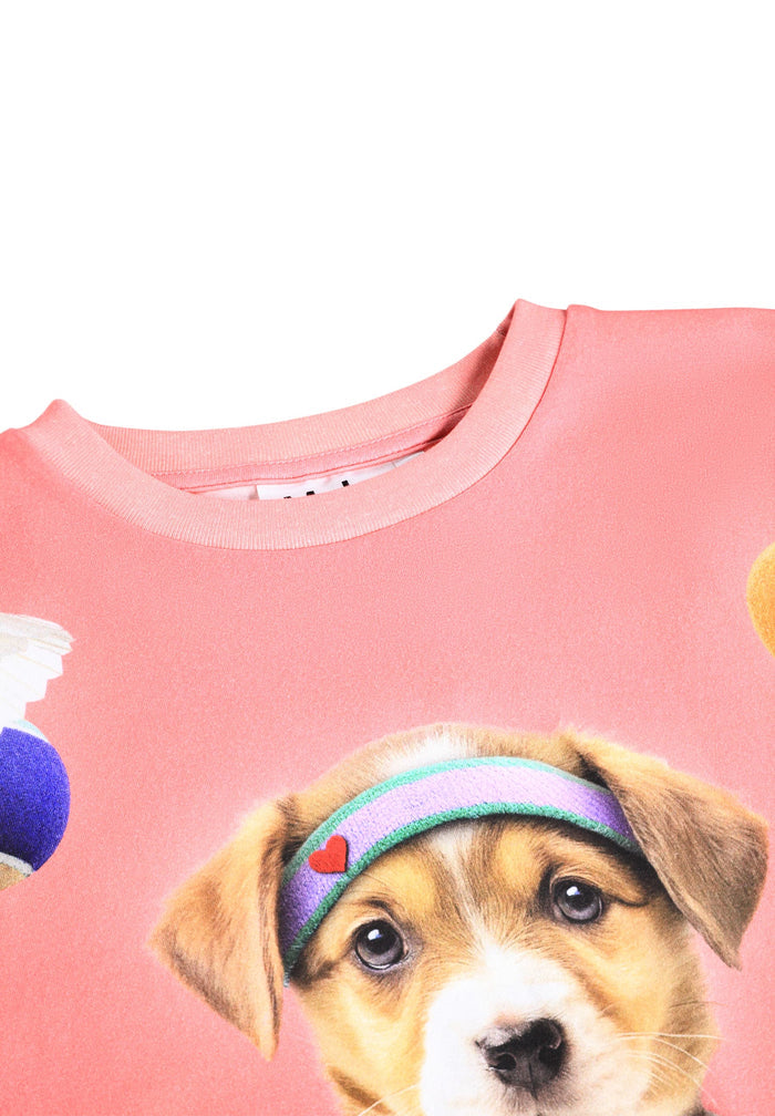 Pink shirt with a puppy wearing a headband design on a white background