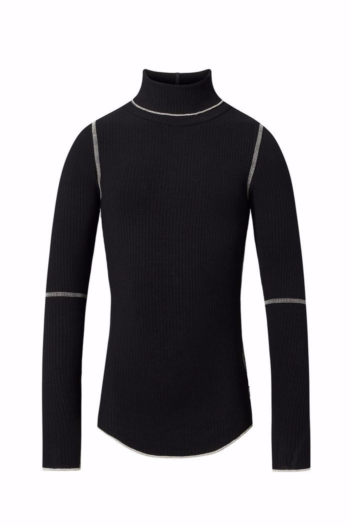 Black turtleneck shirt with white accents on a white background