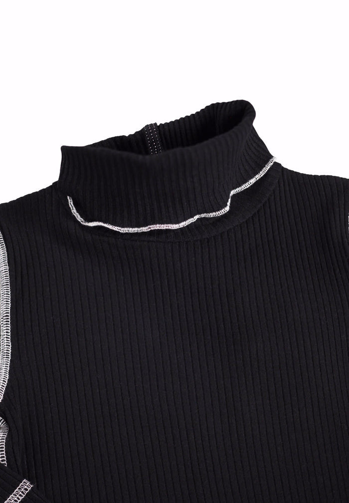 Black ribbed turtleneck with white trim on a white background