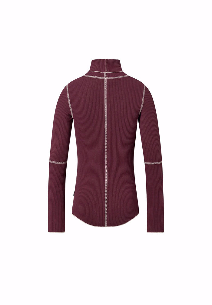 Maroon long-sleeve shirt with white accents on a white background