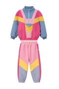 Colorful tracksuit with pink, yellow, and blue design on a white background