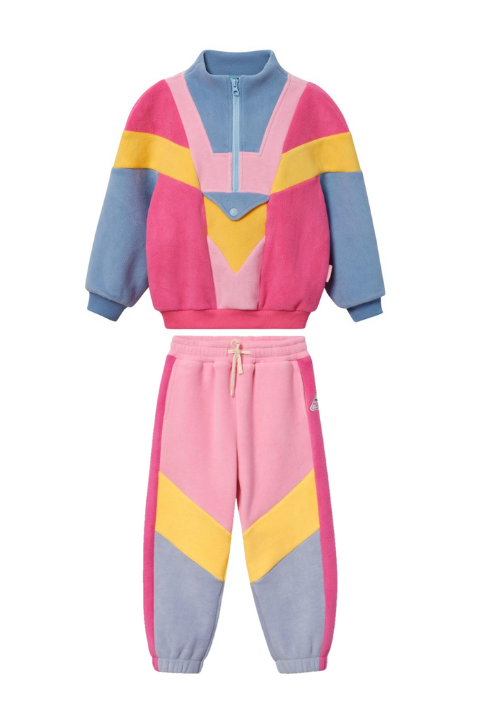 Colorful tracksuit with pink, yellow, and blue design on a white background
