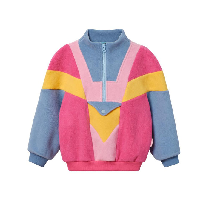Colorful sweater with pink, blue, yellow, and purple stripes on a white background