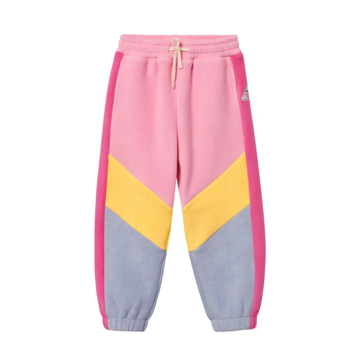 Color-blocked pink, yellow, and gray sweatpants on a white background