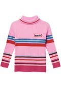 Pink sweater with colorful stripes on a white background