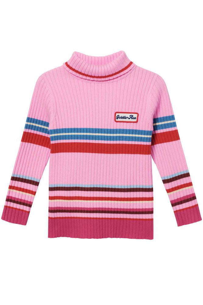 Pink sweater with colorful stripes on a white background