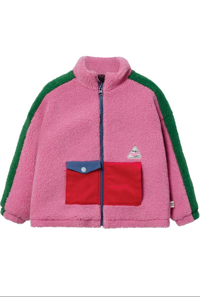 Pink fleece jacket with green sleeves and a red pocket on a white background