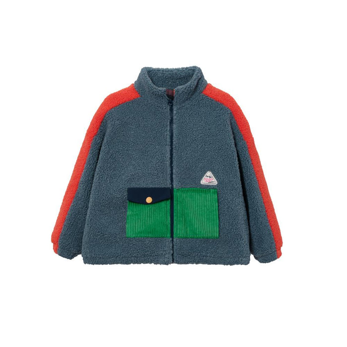 Children's jacket with red sleeves and green pocket on a white background