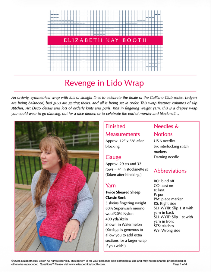 First page of the Revenge in Lido Wrap knit PDF pattern by Elizabeth Kay Booth showing pattern photo, finished measurements, needle and yarn details, and abbreviations