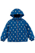 Blue children's jacket with white pattern on a white background
