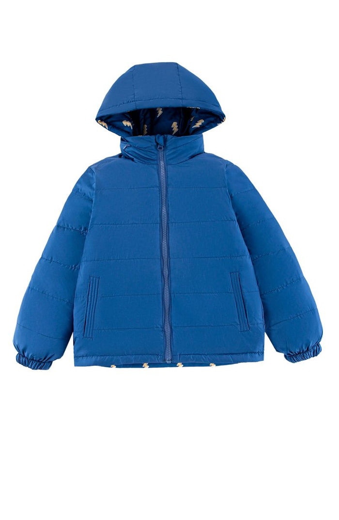 Blue children's jacket with a hood on a white background