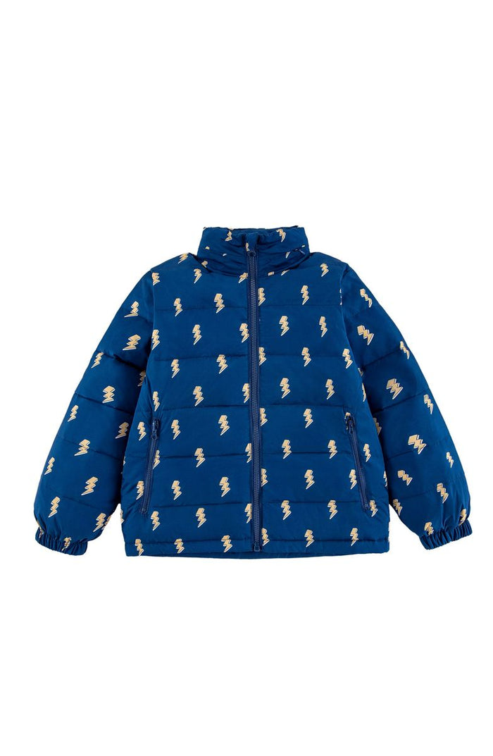 Blue puffer jacket with white patterns on a white background