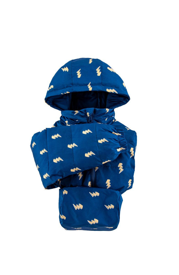 Blue children's puffer jacket with white patterns on a white background