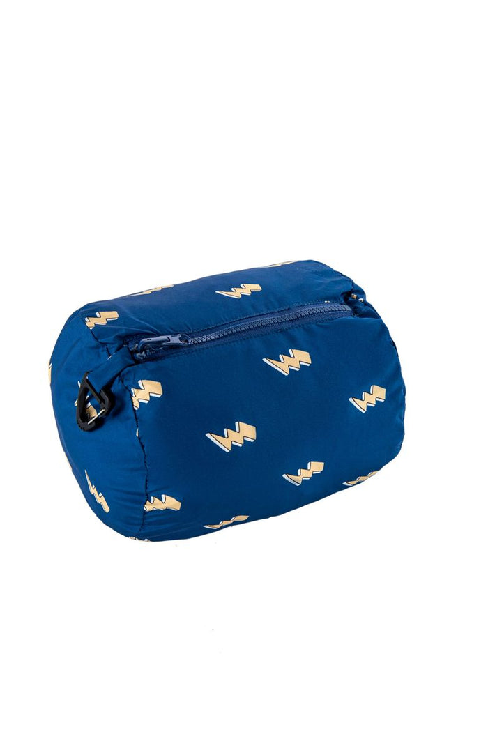 Blue pouch with yellow patterns on a white background