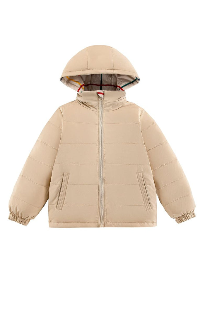 Beige puffer jacket with a hood on a white background