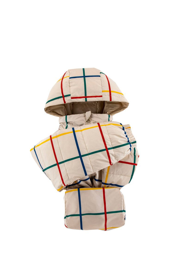 Children's hooded jacket with a colorful plaid pattern on a white background
