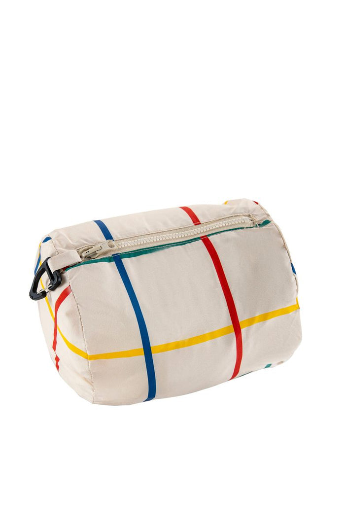 Packable puffer with colorful stripes on a white background