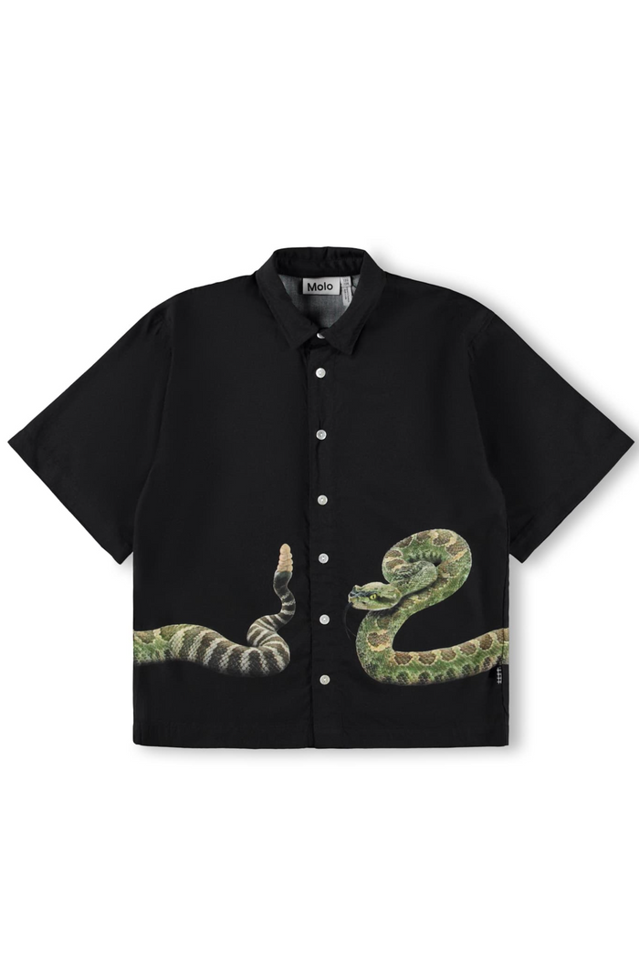 Black shirt with snake design on a white background