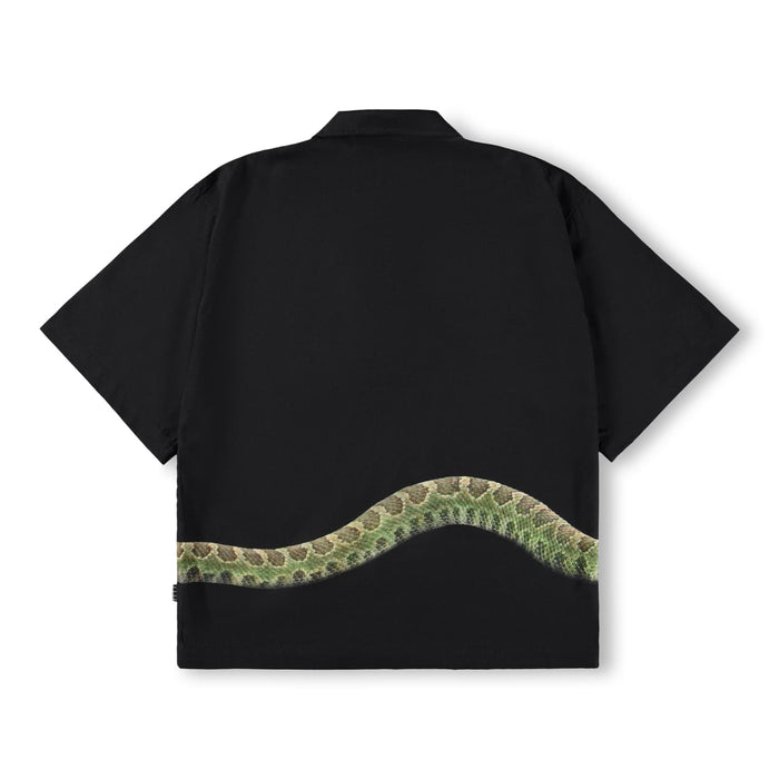 Black shirt with green snake design on the back against a white background