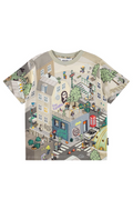 T-shirt with a detailed pixel cityscape print on a white background