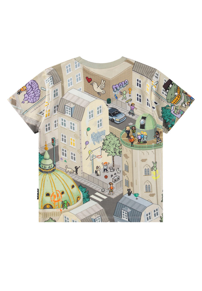 T-shirt with a detailed pixel cityscape print on a white background