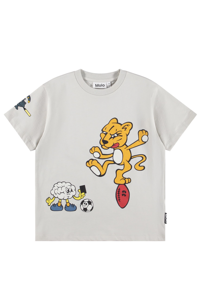 White t-shirt with colorful graphic design on a white background