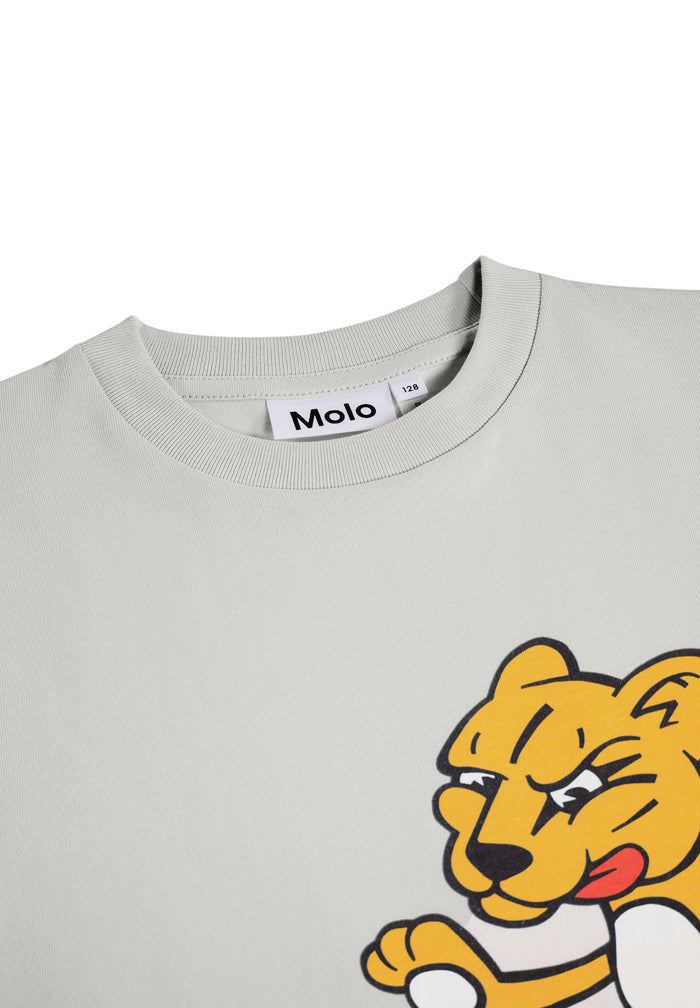 T shirt with a cartoon tiger design and Molo label on a white background
