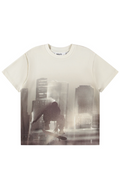 White t-shirt with a printed design of a person in a cityscape on a white background