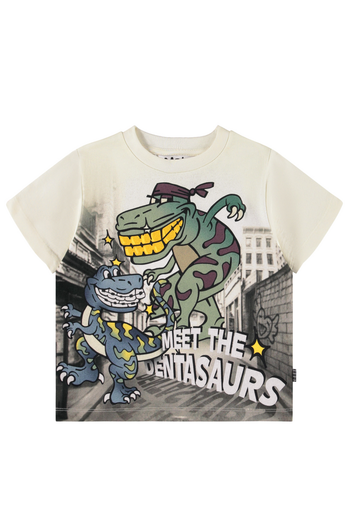 Children's t-shirt with dinosaur graphic and text on a white background