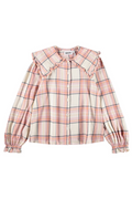 Pink and white plaid blouse with ruffled collar on a white background