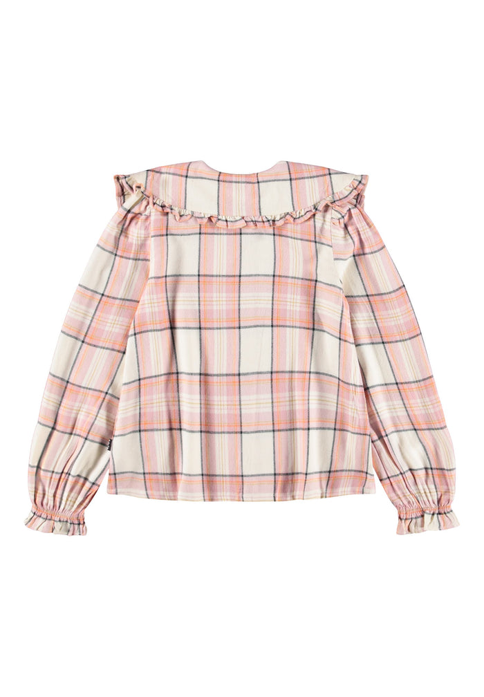 Pink and white checkered blouse with ruffled collar on a white background