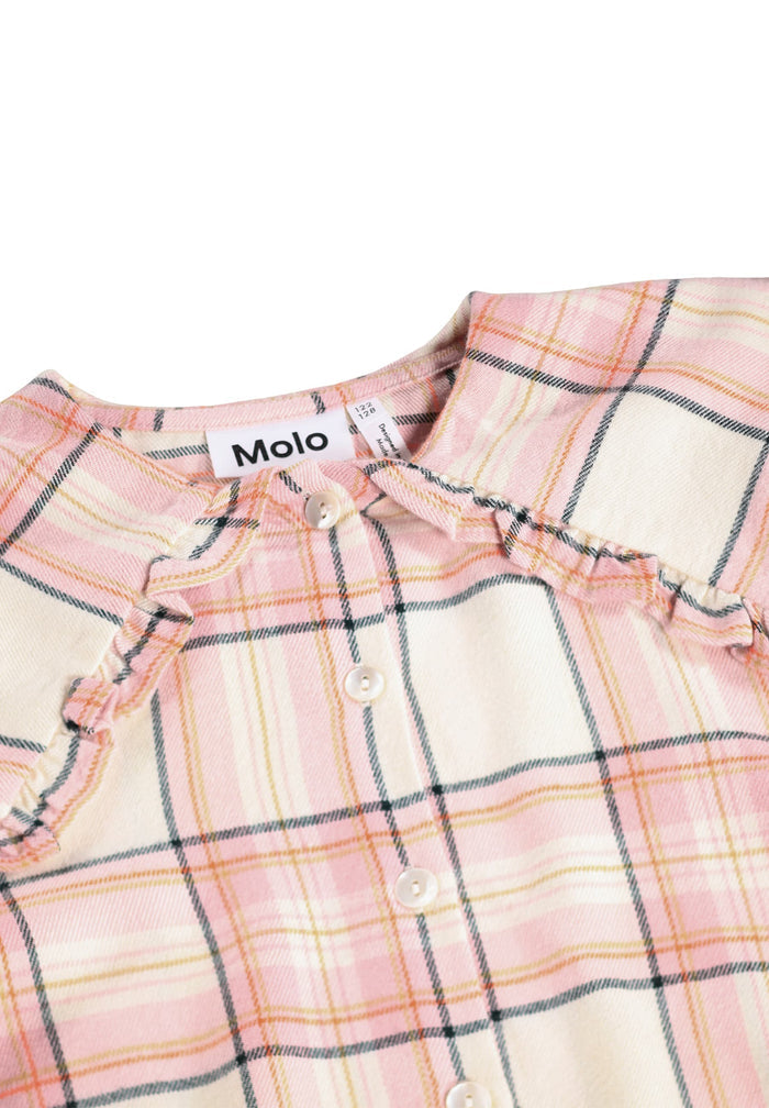 Pink and white plaid shirt with 'Molo' brand label on a white background