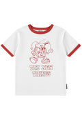 White t-shirt with red ringer sleeves and graphic design on a white background