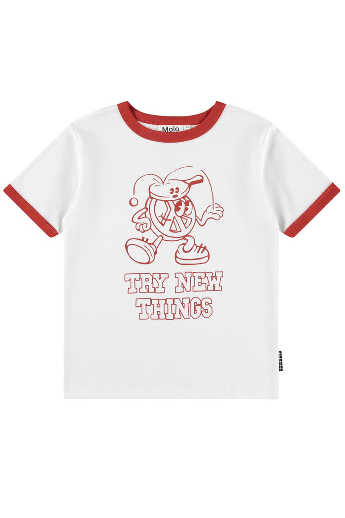 White t-shirt with red ringer sleeves and graphic design on a white background