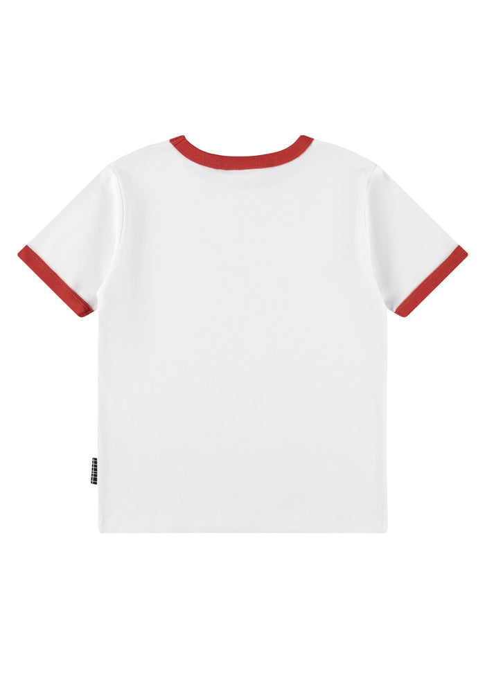 White t-shirt with red trim on a white background