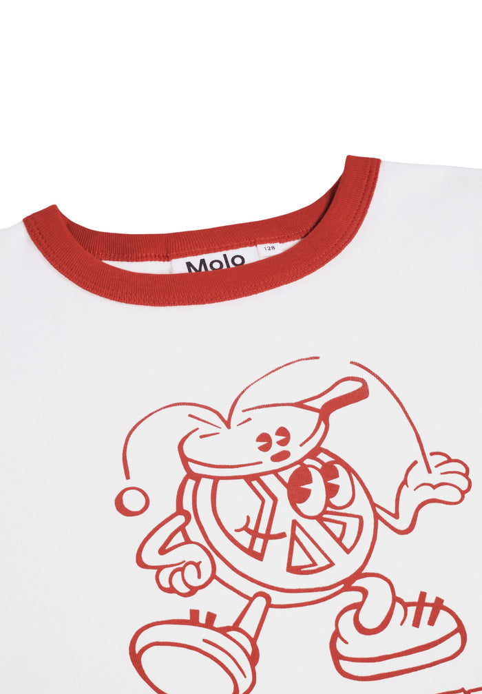White t-shirt with red trim featuring a cartoon character on a white background