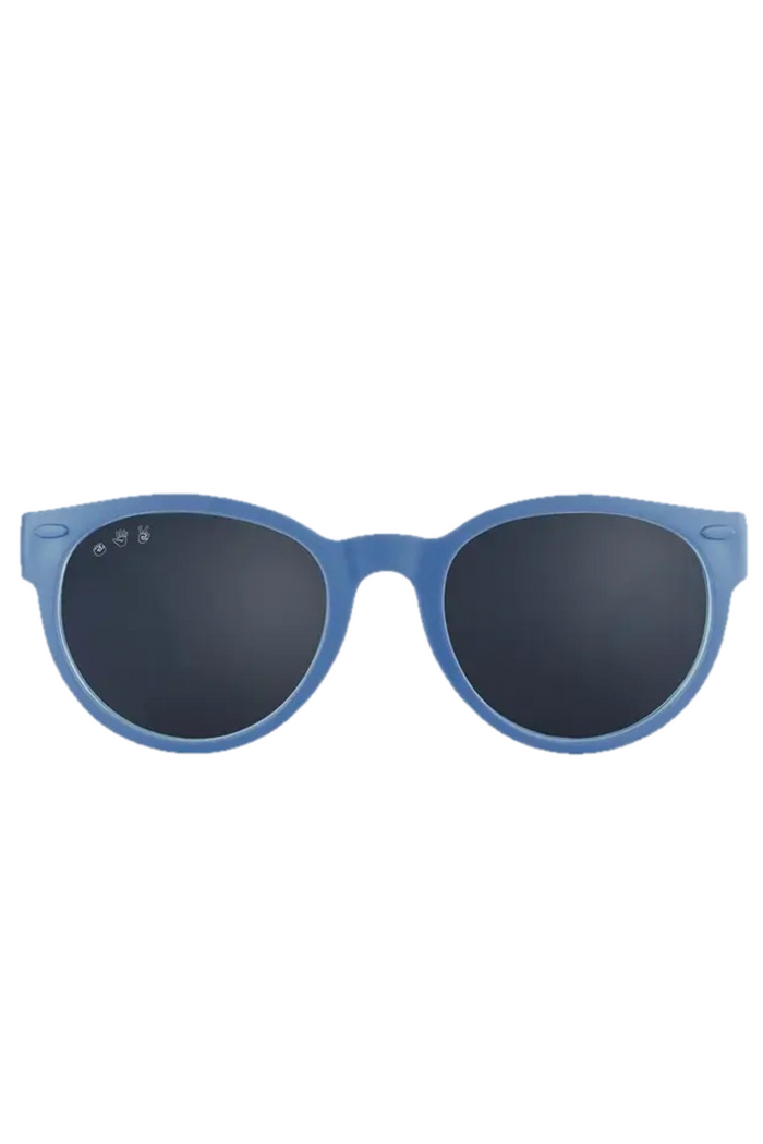 Blue sunglasses with grey lenses on a white background