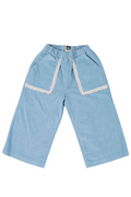 Light blue pants with lace trim on a white background
