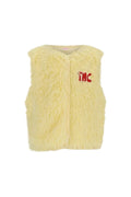 pale yellow faux fur vest with TNC embroidered on white background