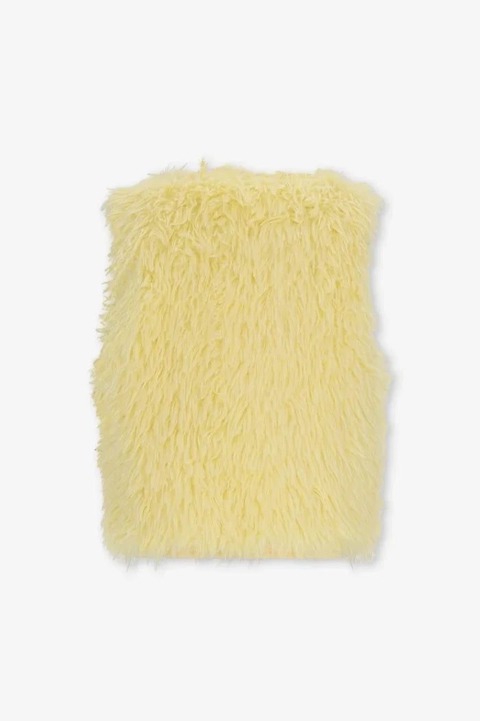 back view of pale yellow faux fur vest on white background