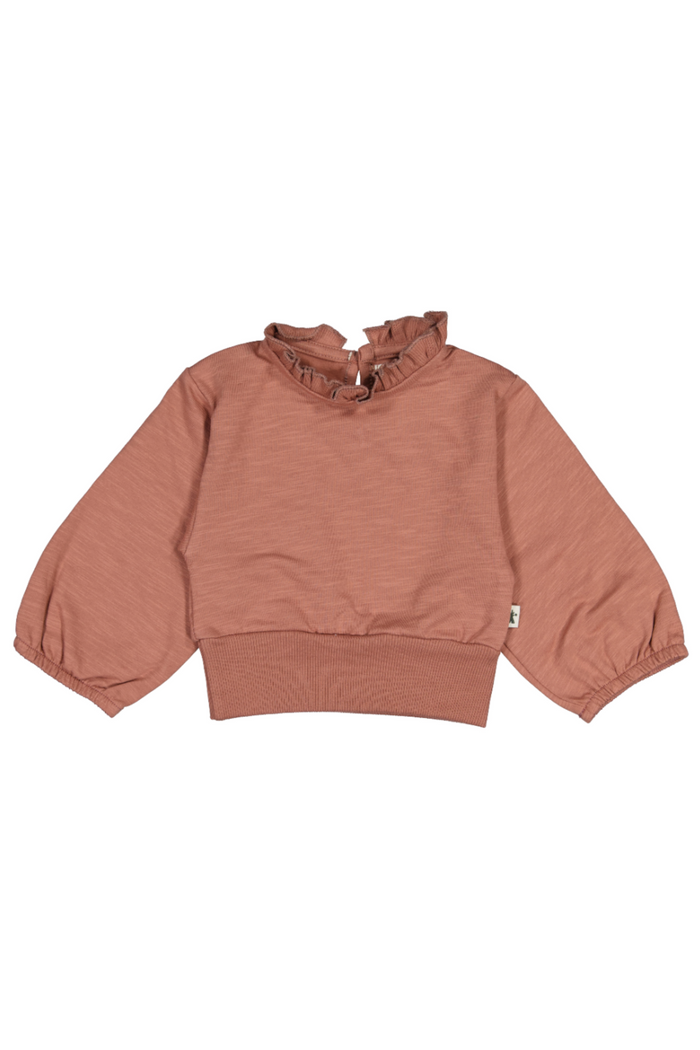 Brown sweatshirt with ruffled collar on a white background