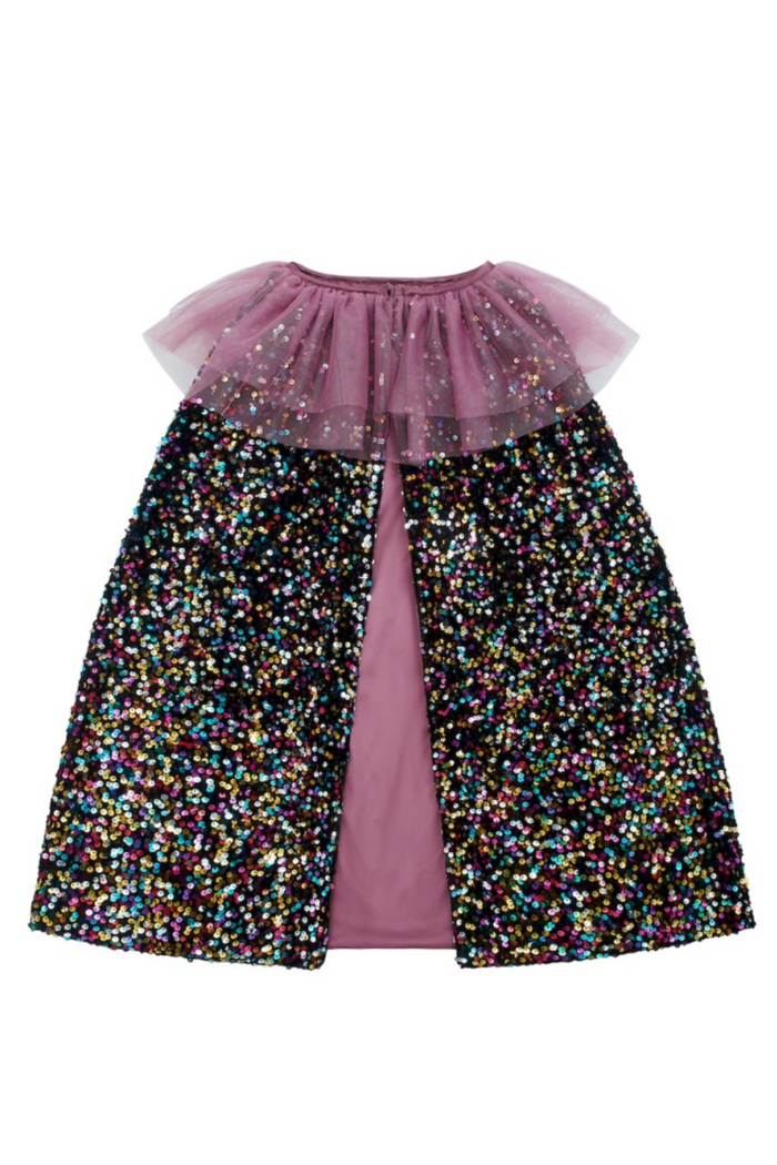 A children's cape featuring a black base covered in multicolor glitter, a dusty purple tulle ruffle at the shoulders, and a satin inner lining.