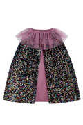 A children's cape featuring a black base covered in multicolor glitter, a dusty purple tulle ruffle at the shoulders, and a satin inner lining.